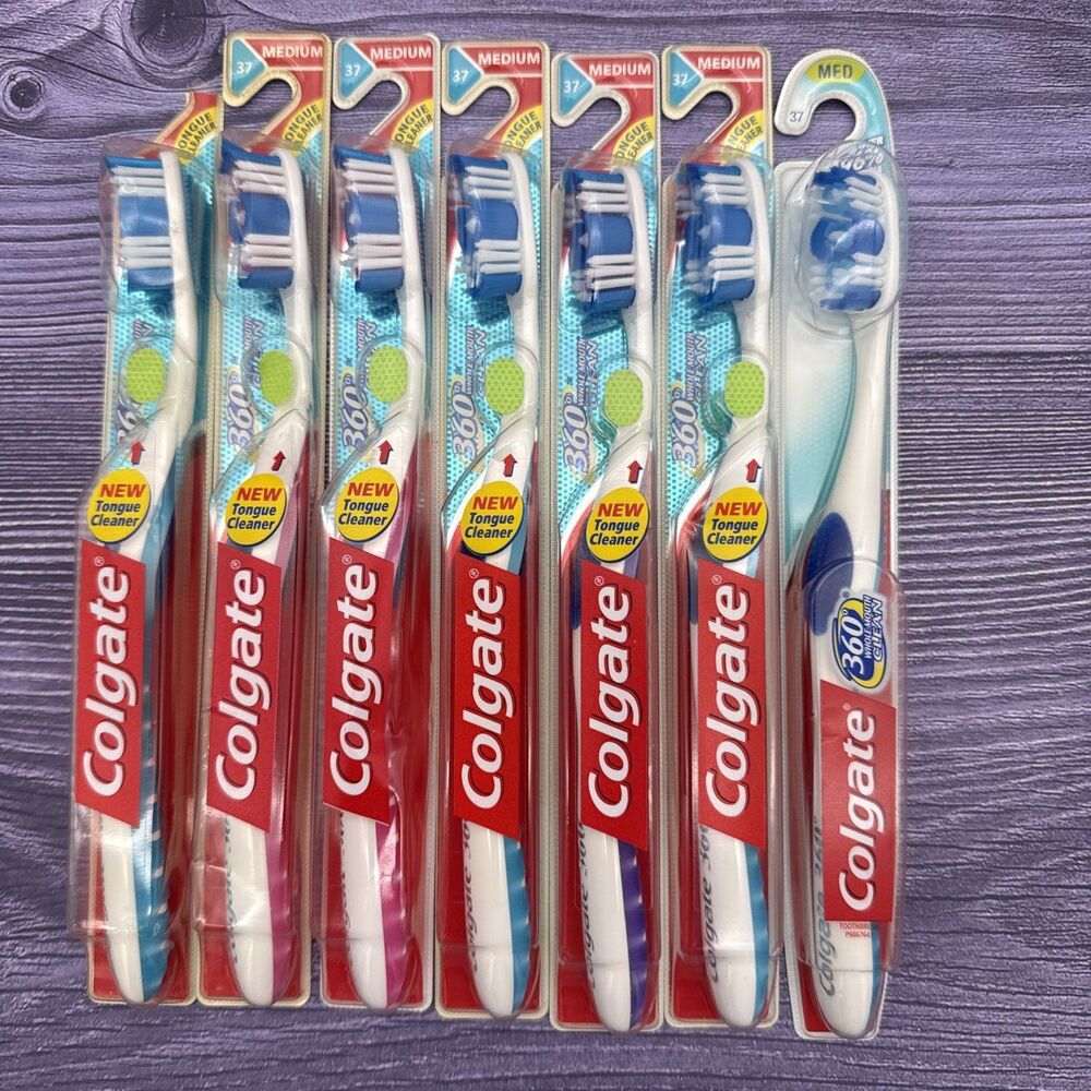 7 Pack Colgate Total 360 Advanced Whitening MEDUIM 37 Tongue Cleaner Toothbrush